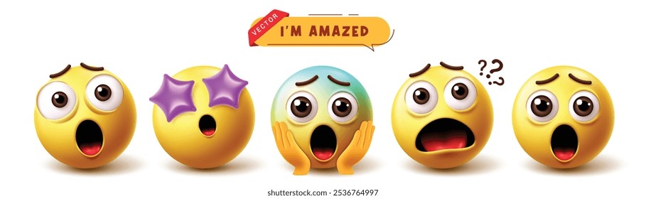 Emoji amazed emoticon character vector set. Emojis expressive facial expressions like surprise, excited, shock, wonder and wow yellow emoticons icon collection. Vector illustration amazed emojis  set 