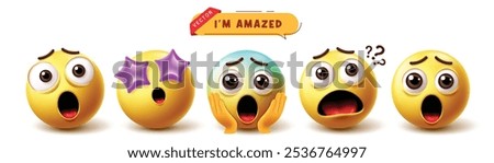 Emoji amazed emoticon character vector set. Emojis expressive facial expressions like surprise, excited, shock, wonder and wow yellow emoticons icon collection. Vector illustration amazed emojis  set 