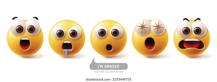 Emoji amazed emoticon characters vector set. Emojis emoticons characters in surprise, wow, shocked, hungry, fascinating and excited facial expression graphic elements. Vector illustration emojis amaze