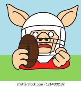 emoji with american football game player pig in full sports equipment with safety helmet that is holding a ball and clenching a fist, simple hand drawn emoticon, simplistic colorful picture