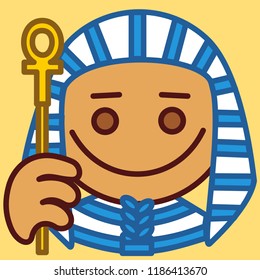 emoji with ancient Egypt ruler pharaoh with beard that is holding an ankh sign & wearing historical striped dress with cape & robe, simple colored emoticon, simplistic colorful pictogram