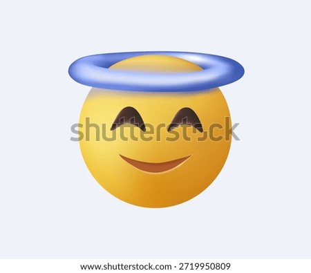 Emoji angel 3D vector illustration, smiling angel face with a halo. This cute and innocent emoji conveys a positive and peaceful expression. Isolated on white. Emoticon Smiling Face