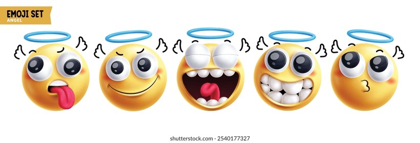 Conjunto de Vector de personajes de ángel de emoji. Personaje de emoticono de emojis en feliz, travieso, amable, ángeles de la guarda, buenas y lindas reacciones faciales divertidas colección de Elementos en 3D. Conjunto de iconos de emojis de Ilustración vectorial 