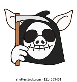 emoji with angel of death in hood with a scithe, smiling grim reaper pig, laughing skull with empty eyes and stitched mouth, simple hand drawn emoticon, simplistic colorful picture
