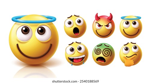 Emoji ángel emoticon juego de Vectores de personajes. Emojis caras compasivas y amigables con emoticonos amarillos de carácter como shock, diablo, amable, ansioso, mareado y pensando expresiones faciales Elementos 