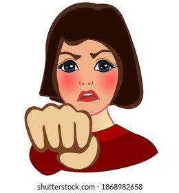 emoji with angry aggressive cat woman who shows her fist as a warning, mad female person preparing to punch someone in the face, simple hand drawn emoticon, simplistic colorful picture