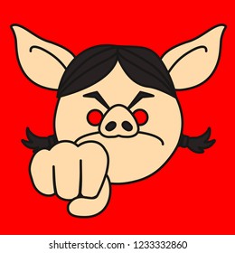 emoji with angry aggressive pig woman who shows her fist as a warning, mad female person preparing to punch someone in the face, simple hand drawn emoticon, simplistic colorful picture