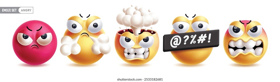 Emoji personajes enojados conjunto de Vectores. Emojis emoticonos personajes en loco, mal sentimiento, explotar, molesto, cruel cara icono de colección en el fondo blanco. Ilustración vectorial Emoticonos enojados Expresiones faciales