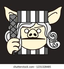 emoji with angry determined pig woman prisoner in a striped robe & hat that is going to break free from isolation in prison & escape by cutting bars with rasp, simple hand drawn emoticon