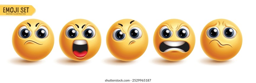 Emoji angry emoticon characters vector set. Emojis 3d icon collection in mad, cruel, bad mood, stress and irritated facial expression in white background. Vector illustration angry emoticons graphic 