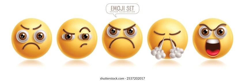 Conjunto de Vectores de personajes de emoticonos enojados de emoji. Personaje de emoticonos de emojis con expresiones faciales enojadas, estresantes, molestas, tristes, serias y gritando por la colección de Elementos gráficos. Emojis de Ilustración vectorial