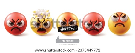 Emoji angry emoticon characters vector set. Emojis emoticons character with mad, explode, cruel, bad mood face, stress and shouting facial expressions in white background. Vector illustration emojis 