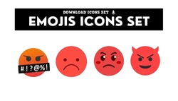 Emoji Angry Face Vector Set. Emojis Emoticon Mad, Evil, Angry And Cruel Red Icon Collection Isolated In White Background For Graphic Elements Design. Vector Illustration
