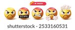 Emoji angry icon characters vector set. Emojis emoticon in mad, cruel, shiver, bad mood and explode face 3d character collection in white background. Vector illustration emoticons angry facial 