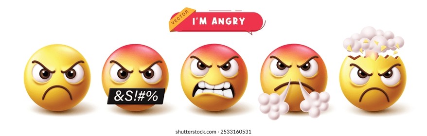 Emoji angry icon characters vector set. Emojis emoticon in mad, cruel, shiver, bad mood and explode face 3d character collection in white background. Vector illustration emoticons angry facial 