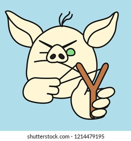 emoji with angry kid pig hooligan that is shooting small stones & aiming with the slingshot with one eye closed, wicked & bad boy misbehaving, simple hand drawn emoticon, simplistic colorful picture