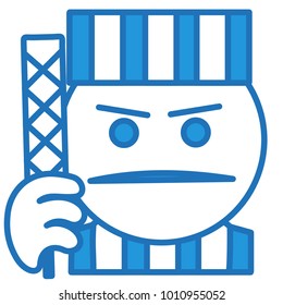emoji with angry prisoner in a striped robe and hat is going to break free from isolation in prison and escape by cutting bars with rasp, simple hand drawn emoticon, ball or circle shaped face