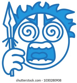 emoji with angry screaming mad savage with wild eyes holding a stone spear, wildman about to attack, barbaric tribe man at war, simple hand drawn emoticon, ball or circle shaped face, eps 10