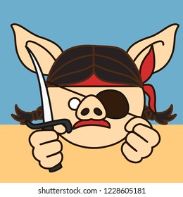 emoji with angry thug pig woman wearing a bandanna and an eye patch holding knife and clenching fist, simple hand drawn emoticon, simplistic colorful picture, vector art with pig-like characters