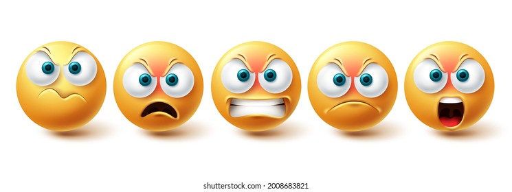 Emoji angry vector set. Emojis sad and serious yellow faces collection isolated in white background for upset emoticon graphic elements . Vector illustration
