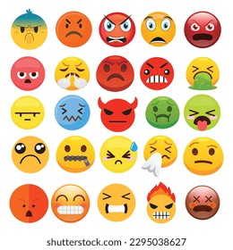 Emoji angry vector set. Emojis sad and serious yellow faces isolated in white background.moticon faces with angry red, surprise, cute, crazy and funny facial expressions design.Vector emoji.