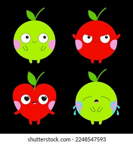 Emoji Apple icon. Emoticon. Cute cartoon kawaii smiling sad angry crying in love baby character.Green red color. Funny fruit. Different emotion face. Heart shape. Flat design. Black background Vector