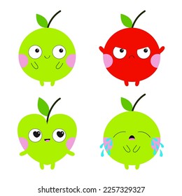 Emoji Apple icon. Emoticon. Red green color. Cute cartoon kawaii smiling sad angry crying in love baby character. Different emotion face. Funny fruit. Heart shape. Flat design. White background Vector