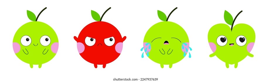 Emoji Apple icon set. Emoticon. Red green color. Cute cartoon kawaii smiling sad angry crying in love character. Different emotion face. Funny fruit. Heart shape. Flat design. White background. Vector