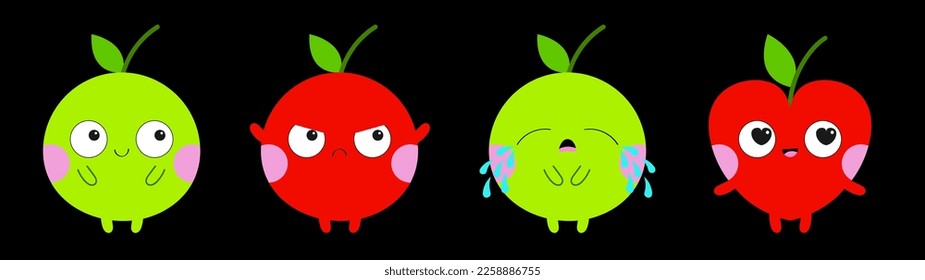 Emoji Apple icon set. Emoticon. Cute cartoon kawaii smiling sad angry crying in love character. Different emotion face. Funny fruit. Red green color. Heart shape. Flat design. Black background. Vector