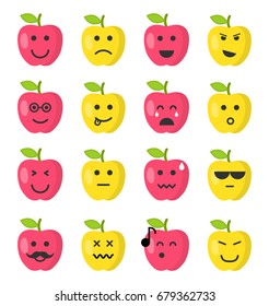 Emoji apple set. Apple icons on the white background. Flat cartoon style. Vector illustration.