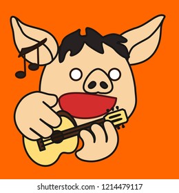 emoji with an artist pig that is performing on stage by playing guitar and singing to the music, simplistic colorful picture, simple handdrawn illustration, vector art with pig-like characters
