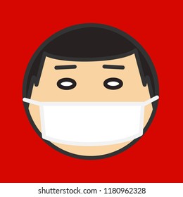 emoji with asian person that is wearing a safety respiratory mask to protect him from microbes, germs, viruses and epidemic deseases so he won't get ill, simple colored emoticon, primitive vector art