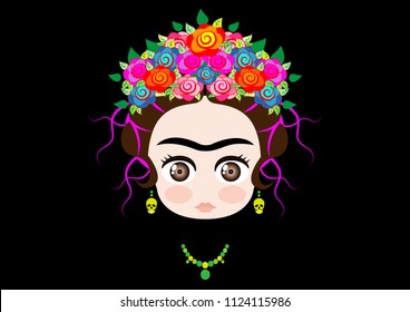 Emoji baby Frida Kahlo with crown of colorful flowers and earrings skull, vector illustration isolated on black background 