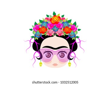 Emoji baby Frida little girl with crown of colorful flowers and glasses , vector illustration isolated 