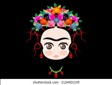 Emoji baby little Frida Kahlo, Mexican girl with crown of colorful flowers and earrings red skulls, Medusa or Gorgon head style, vector illustration isolated on black background