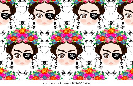 Emoji baby Mexican woman with crown of colorful flowers, typical Mexican hairstyle, little girl  Pirate icon Emoji, Background cartoon vector pattern seamless 