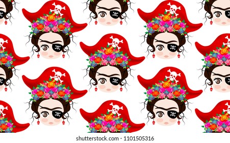 Emoji baby Mexican woman with crown of colorful flowers, Frida style, typical Mexican hairstyle, little girl  Pirate icon Emoji, red corsair with skulls. Background cartoon vector pattern seamless 