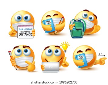 Emoji back to school safety guidelines vector set. Emojis 3d student character in covid-19 safety measure for school education new normal emoticon collection design. Vector illustration