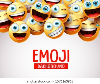 Emoji background vector template. Emoji background text with 3d realistic cute emojis face in happy, funny, surprise and naughty emotion in white empty background. Vector illustration.    