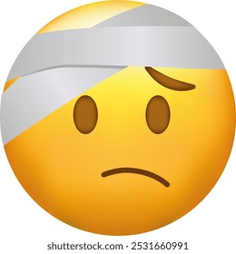 Emoji com bandagem. rosto amarelo com meia carranca e bandagem branca envolta em torno de sua cabeça.