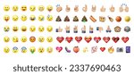 Emoji big set. High quality emoticons isolated on a white background. Heart, hands, yellow smiles, emoji set. Social media icons, vector illustration