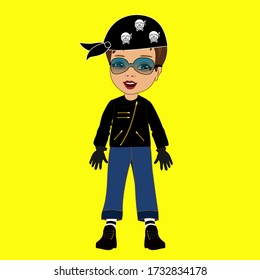 emoji with biker boy wearing a bandanna, black leather jacket and dark glasses, colored emoticon on isolated background