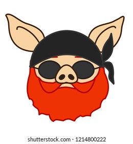 emoji with biker pig man with strong beard and mustache wearing a bandanna and dark glasses, simple hand drawn emoticon, simplistic colorful picture, vector art with pig-like characters
