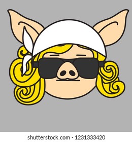 emoji with biker pig woman with blonde curly hair wearing a bandanna and dark glasses, simple hand drawn emoticon, simplistic colorful picture, vector art with pig-like characters