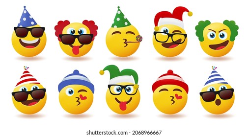 Emoji birthday character vector set. Emoticons party emojis wearing birth day hats in cute and funny faces for celebration characters collection design. Vector illustration.
