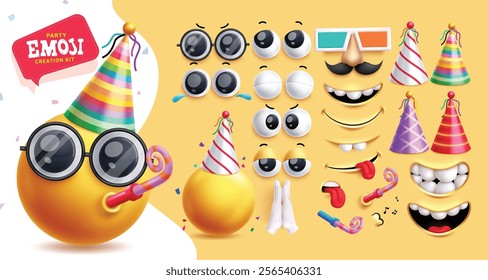 Emoji birthday creation kit clipart character set. Birthday party 3d emoji in happy, cool, enjoy, begging editable face with eyes, mouth, party hats and sunglasses graphic elements. Vector 