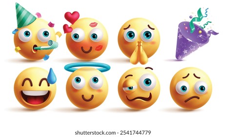 Emoji  birthday emoticon characters vector set. Emojis birthday cap, kiss mark, begging, party hat, laughing, kind, stress and sad 3d facial expression graphic elements in white background. Vector