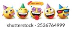 Emoji birthday party emoticon characters vector set. Emojis emoticon character icon collection like birthday clown in happy, naughty and  funny facial expressions wearing hat collection elements. 
