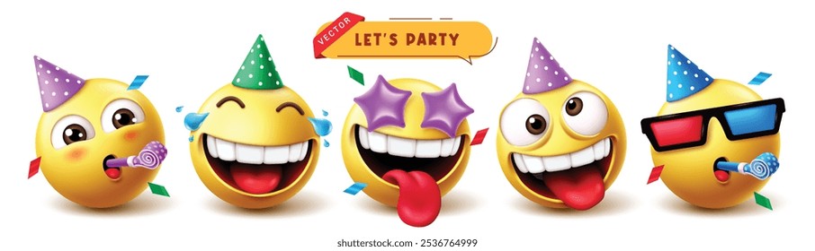 Emoji aniversário grupo emoticon caracteres conjunto vetor. Emojis emoticon coleção de ícones de personagem como palhaço de aniversário em expressões faciais felizes, travessas e engraçadas usando elementos de coleção de chapéu. 