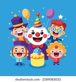 Emoji birthday party emoticon characters vector set. Emojis emoticon character icon collection like birthday clown in happy, naughty and funny facial expressions wearing hat collection elements. 